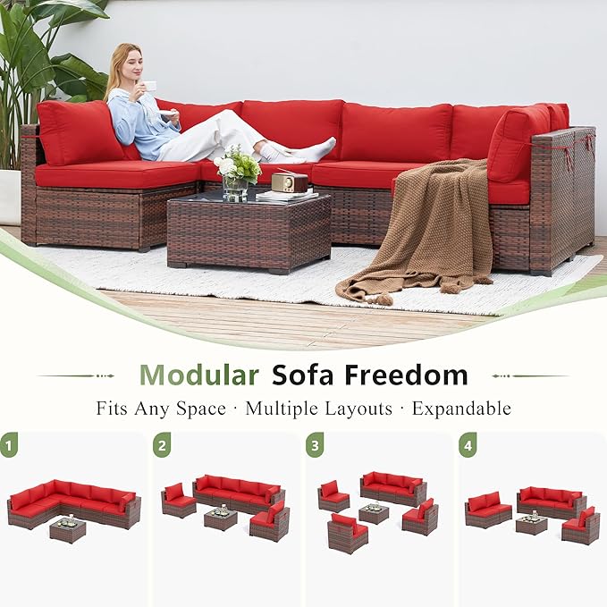 Amopatio Patio Furniture Set 7 Pieces Patio Conversation Set Outdoor Sectional Wicker Rattan Sofa with All-Weather Cover, Patio Furniture with Pillows Fits Porch Garden Backyard Balcony(Red)