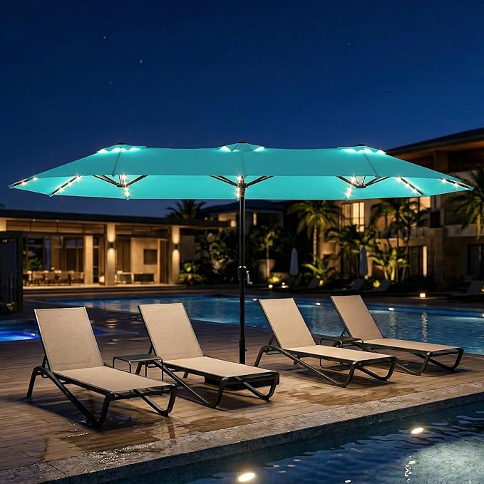 15ft Large Patio Umbrella with Solar Lights and Base, Double-Sided Outdoor Rectangle Umbrella with 48 LED Lights, Market Table Umbrellas with UV Resistant Canopy