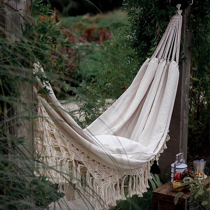 YFUG GO Double Sized Boho Macrame Cream Hammock with Elegant Tassels and Fishtail Knitting 485Lbs Includes Tie Ropes and White Drawstring Bag for Women