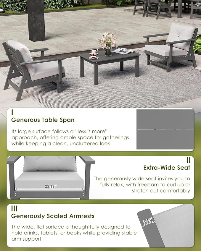GREENVINES 3-Piece-Patio-Furniture-Set | HDPE Plastic | Outdoor Sectional Conversation Sets | All-Weather Couch | Sofa with Coffee Table | Detachable Armrests | for Deck Lawn | Gray