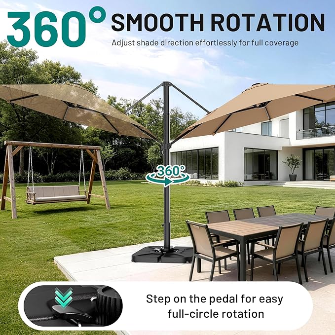 AreShark 10FT Cantilever Patio Umbrella, 360-Degree Rotation Round Hanging Offset Umbrella with Crank, Heavy Duty Patio Umbrella for Patio, Pool, Garden, Deck, Beige