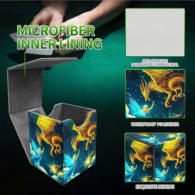 Deck Box for MTG, Cards Storage Box Fits 120+ Sleeved, Leather Medium Size Strong Magnetic Closing Card Case for Board Games Magic TCG CCG Baseball Collection, Yellow Dragon Girl