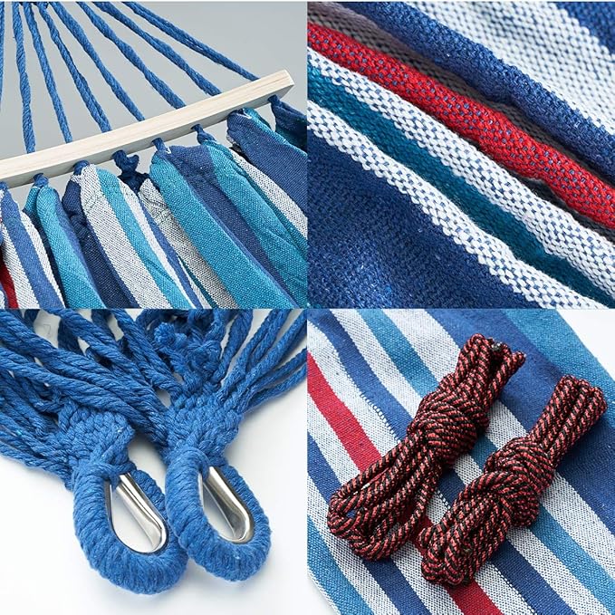 Brazilian Double Hammock 2 Person Canvas Cotton Hammock for Patio Porch Garden Backyard Lounging Outdoor,Indoor Blue/White Stripe Hammock