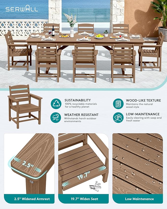 SERWALL Outdoor Dining Chairs Set of 4, All-Weather HDPE Patio Chair with 19.7" Widened Seat, for Backyard, Garden, Brown