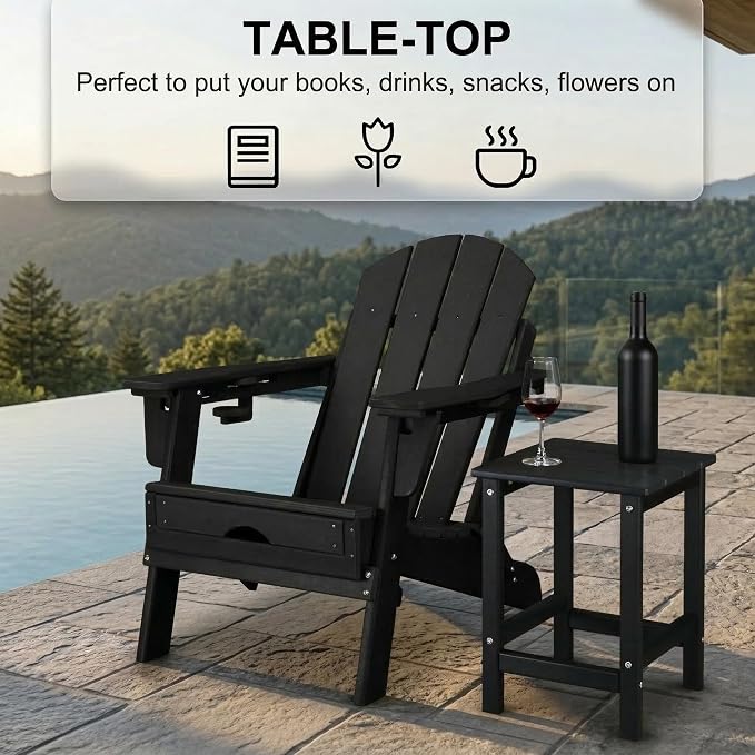 HDPE Outdoor Side Table, 14 Inch Square Patio End Table, Weather Resistant Small Outdoor Table for Adirondack Chairs, Waterproof Outside Table for Porch, Garden, Deck, Pool, Black