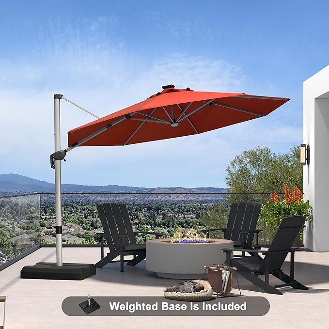 PURPLE LEAF Cantilever Umbrella with base 11ft Outdoor Round Patio Solar Powered LED Umbrella with 360-degree Rotation for Garden Deck Pool Patio, Brick Red