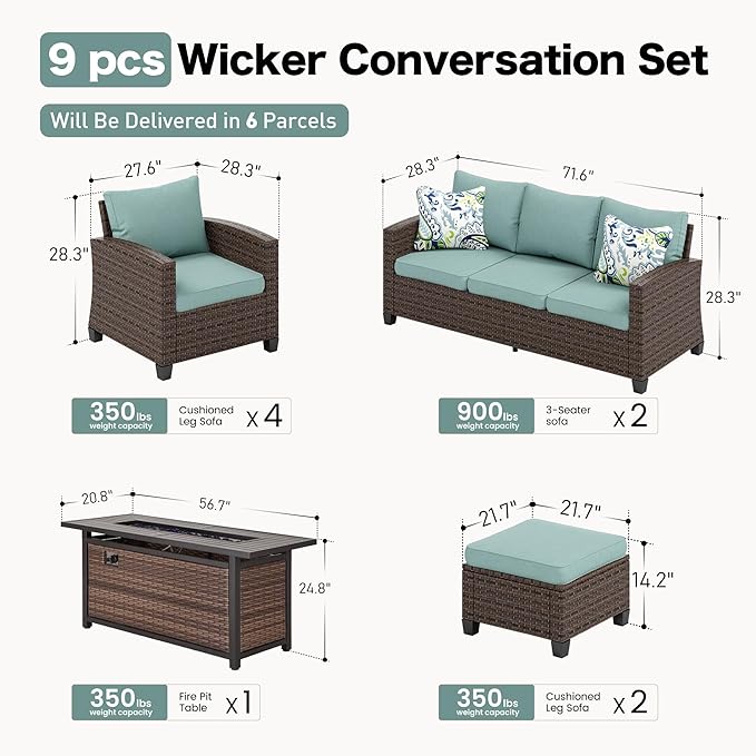 Patio Furniture Set Outdoor Furniture Brown Wicker Rattan Patio Conversation Sets with Cushion Outside Sofa Set,8 Pieces with Rectangular Firepit Table,12 Seats,Blue