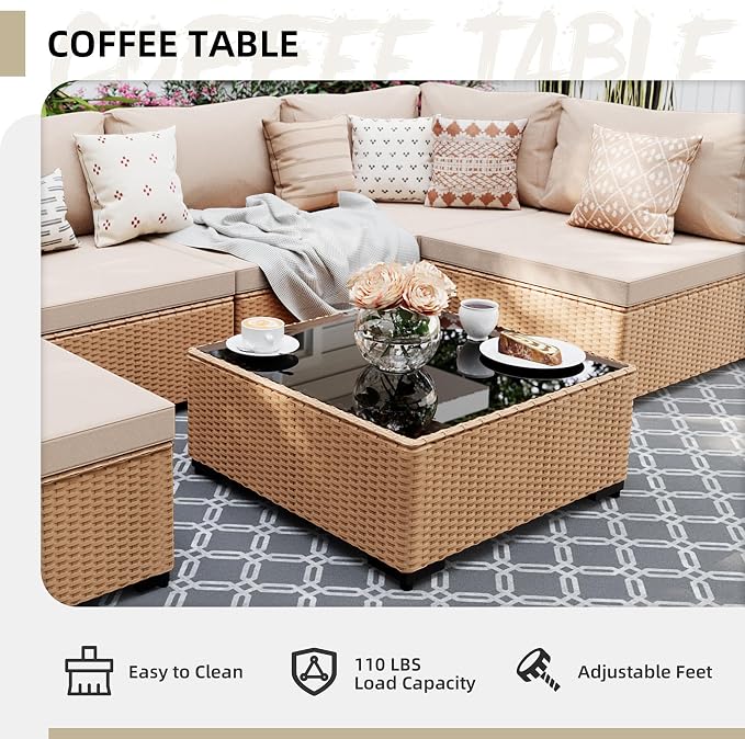 UPHA 7 Pieces Patio Furniture Sets, Wicker Outdoor Sectional Sofa Couch with Coffee Table, Patio Conversation Set for Deck Backyard Garden, Beige Rattan, Beige Cushion