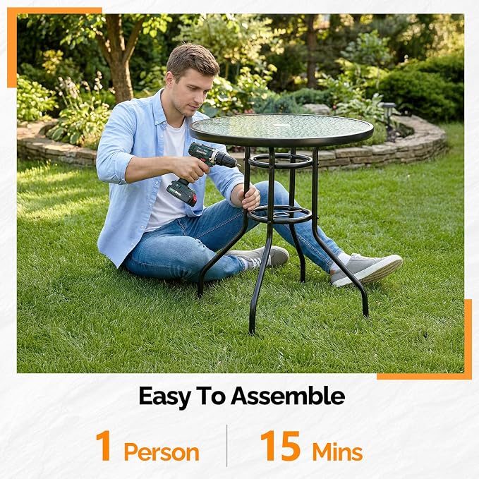 VINGLI Round Patio Table with Umbrella Hole, 32" Outdoor Dining Table Steel Tempered Glass Patio Tables Round Outdoor Tables for Balcony Garden Deck