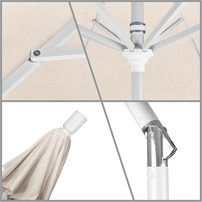 California Umbrella 9' Round Aluminum Market Umbrella, Crank Lift, Collar Tilt, White Pole, Pacifica Pacific Blue