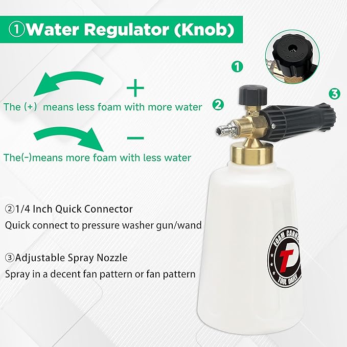 Tool Daily Foam Cannon for Pressure Washer with Car Wash Soap, Adjustable Snow Foam Lance, Additional Orifice Nozzle 1.1mm, 1/4" Quick Connect