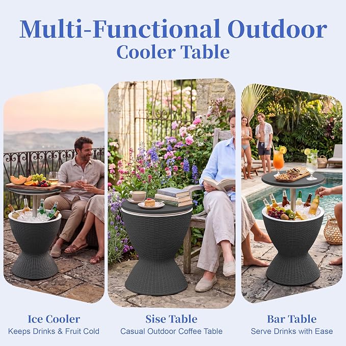EFU Cooler Table, 8 Gallon Cooler Bar Table, Adjustable Height Multi-Functional Outdoor Cool Bar for Drinks Beer & Wine, with Drain Plug, Patio Furniture for Backyard, Pool, BBQ & Parties (Black)