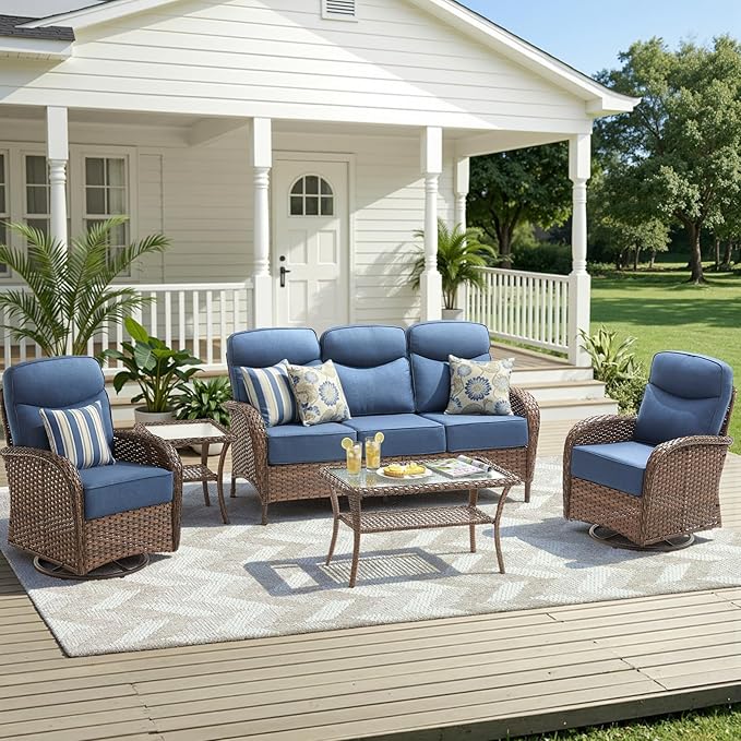 Luxury Outdoor Patio Furniture Set with 6-Inch Thick Cushions, 5 Pieces Wicker Outdoor Furniture with High Back Swivel Patio Chairs Set of 2, Outdoor Conversation Set for Deck Garden Porch, Blue