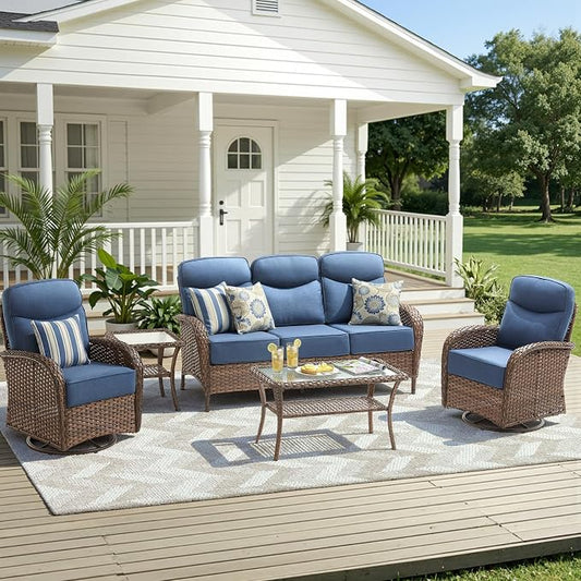 5 Pieces Luxury Patio Furniture Sets with 6-Inch Thick Cushions, High Back Swivel Outdoor Rocking Chairs Set of 2 with Multifunctional Ottoman, Wicker Conversation Set for Porch Garden, Blue