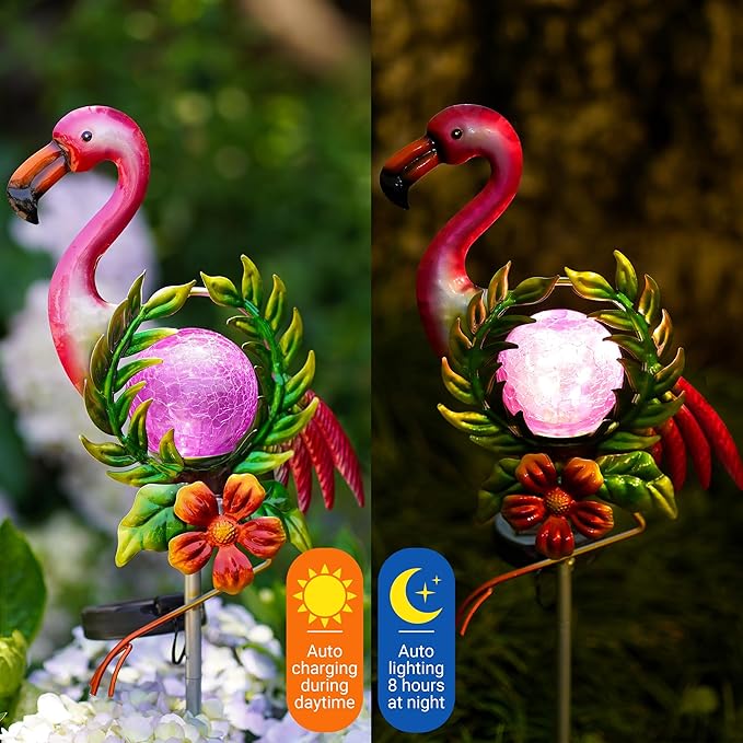 Solar Globe Lights for Garden Decoration,40.9 Inch Flamingo Front Porch Decor with Cracked Glass Puck Light for Outside Patio Pathway Yard Decoration