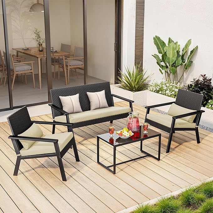Ahomly 4-Piece Outdoor Wicker Patio Furniture Set with Deep Seating Cushions and Table for Balcony, Backyard, and Porch (Beige)