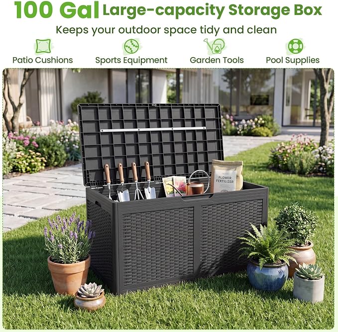 Giantex 100 Gallon Resin Outdoor Storage Box, Waterproof Deck Box w/Lockable Lid & Wheels, Rattan Storage Container Bench for Patio Cushions, Pool Accessories, Gardening Tools, 440 lbs (Grey)