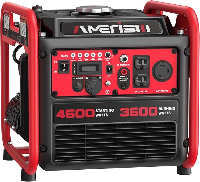 AMERISUN Portable Inverter Generator 4500W, Gas Powered Generator with CO Sensor, Digital Display, Parallel Capable, Long Run Time Gas Generators for RV, Home, Emergency, EPA Compliant