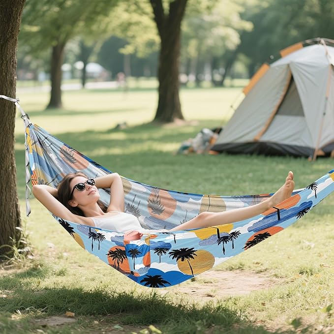 Camping Hammock Outdoor Hammocks for Outside Palm Tree Silhouette Beach Trees Portable Lightweight with Pockets Tree Straps Indoor