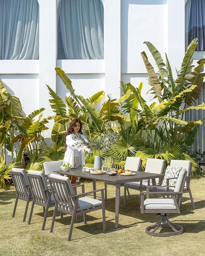 9 Pieces Outdoor Dining Set for 8, Never-Rust Aluminum Patio Dining Set with 2.2" Umbrella Hole, Outdoor Patio Furniture Set with 2 Swivel Chairs for Decks, Garden, Backyard, Limed Oak