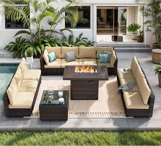 12 Piece Patio Furniture Set with Fire Pit Table All Weather PE Rattan Outdoor Sectional Sofa Couch with No-Slip Cushions and Glass Top Table for Garden, Poolside, Backyard (Beige)