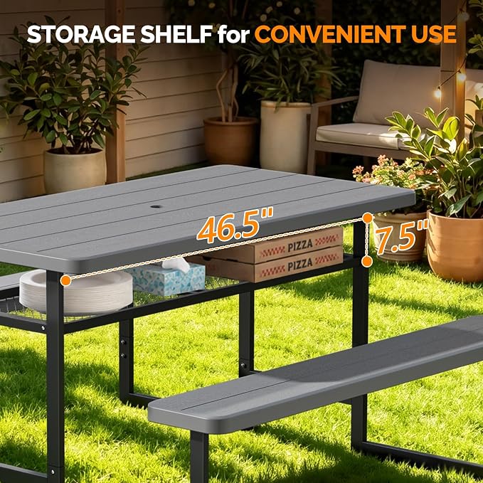 VINGLI 4.5ft Outdoor Picnic Table with Storage Shelf & 7.5 ft Umbrella, Wood Grain HDPE Top with Metal Frame Plastic Picnic Table for Dining Party Garden(Grey Table)