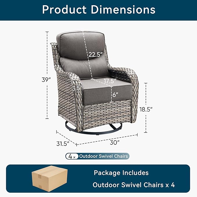Luxury Outdoor Swivel Rocker Patio Chairs-4 Pieces High Back Swivel Rocker Patio Chairs with Thick Cushions All Weather Wicker Outdoor Furniture Set for Deck Porch Balcony(Grey/Grey)