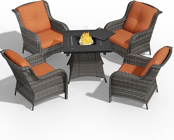 5 Pcs Patio Furniture Set with Fire Table-31'' Fire Pit Table, 4 Outdoor Rattan Wicker Conversation Chairs (4 Fixed Chairs) (Orange)