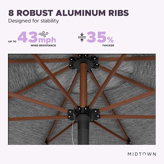 Midtown Umbrellas The Wooden 9 Feet Patio Umbrella With Sunbrella Cast Slate Acrylic Fabric - Aluminum Frame Market Umbrella For Backyard, Deck, Garden, Pool - Wooden Pole
