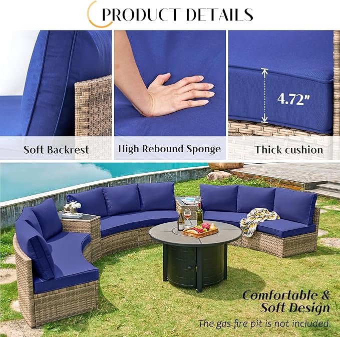 PaPaJet Patio Conversation Set, 6 Piece Half-Moon Sectional Round Patio Furniture Set, Outdoor Patio Furniture with Cushions for Beach, Pool, Balcony, Garden, Blue