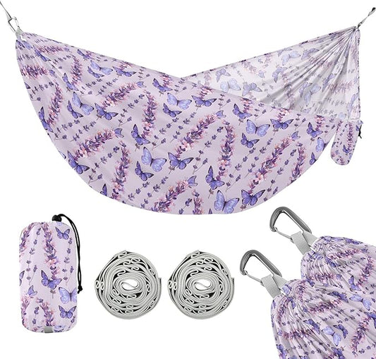 Camping Hammock Outdoor Hammocks for Outside Purple Butterfly Lavender Flower Beach Trees Portable Lightweight with Pockets Tree Straps Indoor