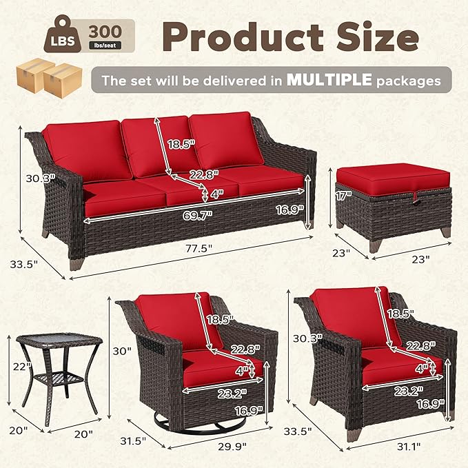 11 Pieces Patio Conversation Furniture Set - 1 Sofa, 2 Ottoman, 2 Armchairs, 4 Swivel Chairs, 2 Side Tables, Outdoor Wicker Furniture with Removable Cushions for Porch, Sunroom (Red)