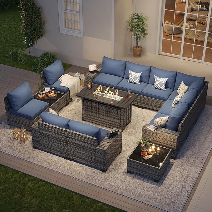 Aoxun Patio Furniture Sets with 44'' Fire Pit, 13 Pcs Outdoor Patio Coversation Set with 4in Thicken Cushion, Widen Armrests Wicker Outdoor Sectional for Backyard (Waterproof Cover Include)