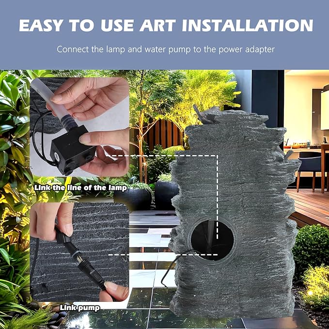Grepatio Outdoor 7-Tiers Cascading Rock Water Fountain, Waterfall Fountain with 6 LED Lights, Outdoor Fountains and Waterfalls for Garden or Patio, Yard, and Deck Decor with Natural Stone Look
