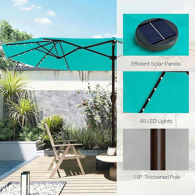 15ft Large Patio Umbrella with Solar Lights and Base, Double-Sided Outdoor Rectangle Umbrella with 48 LED Lights, Market Table Umbrellas with UV Resistant Canopy