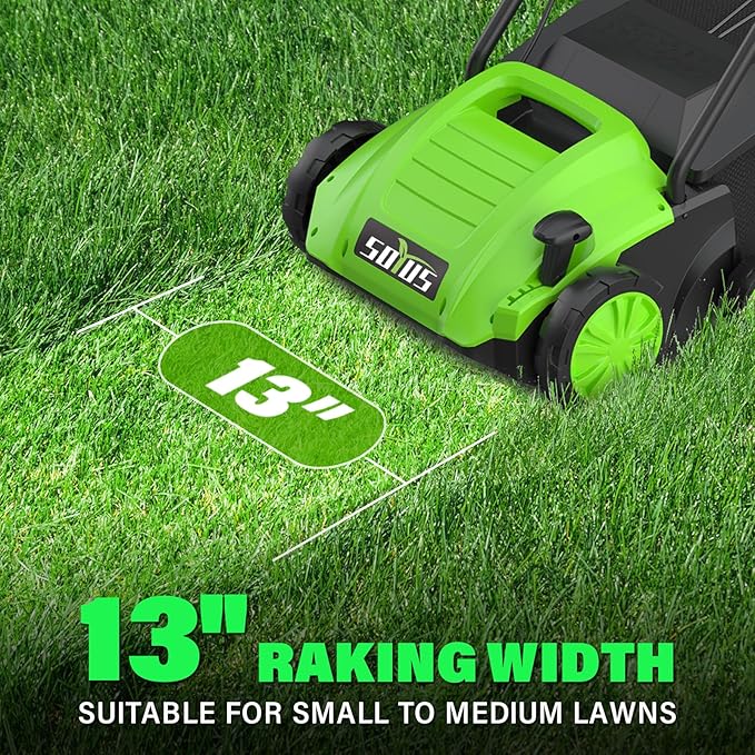 SOYUS 13-Inch Electric Lawn Dethatcher and Scarifier with 8 Gal Thatch Bag - 12-Amp Corded Walk Behind Thatch Removing Machine for Lawn Garden Care