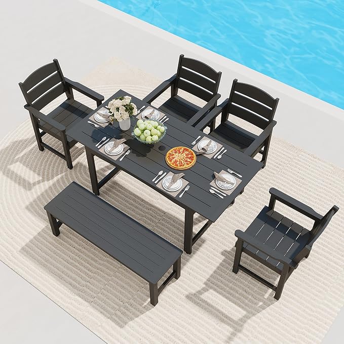 6 Piece Patio Dining Set,Patio Furniture Set for 6,Outdoor Table and Chairs with Umbrella Hole,All-Weather 67” Rectangular Dining Table with Non-Slip Mat for Garden,Poolside,Backyard,Black