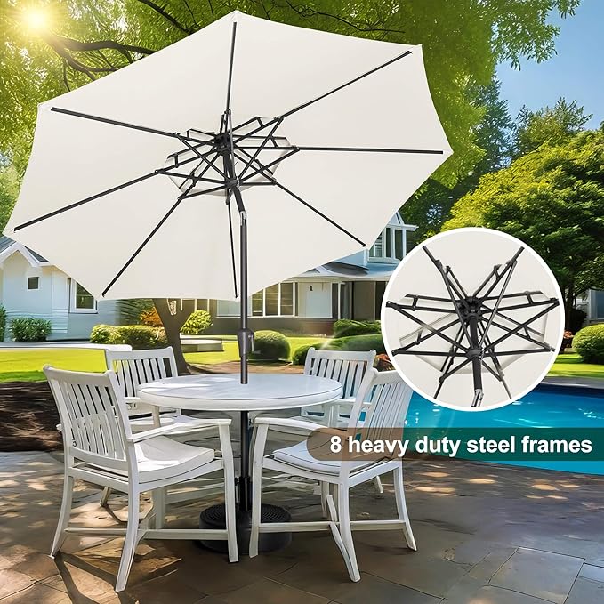FLAME&SHADE 9ft Patio Umbrella - 2 Tiers Outdoor Umbrella with Push Button Tilt and Crank for UV Protection, Table Market Umbrella for Garden, Deck, Backyard, Pool and Beach(Ivory)