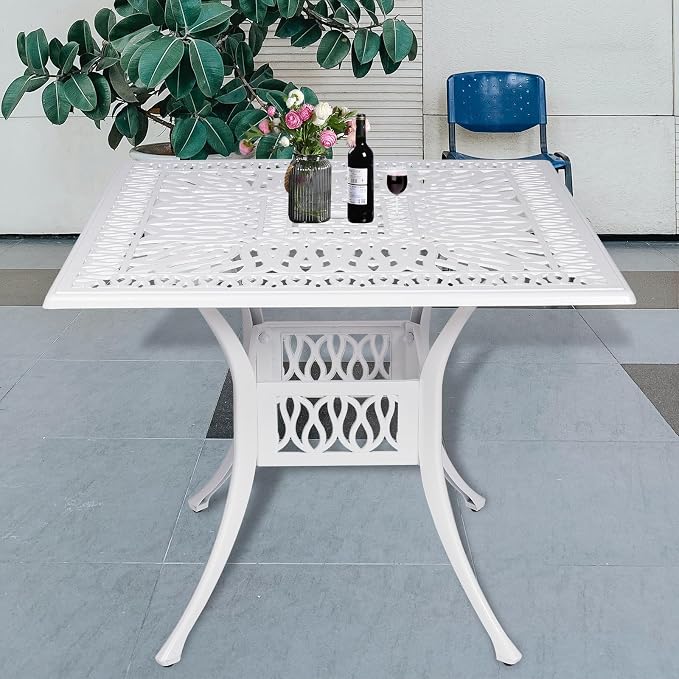 35.4 Inch Outdoor Dining Table Square Patio Table Bronze Cast Aluminum Rustic Large Table with Umbrella Hole, White