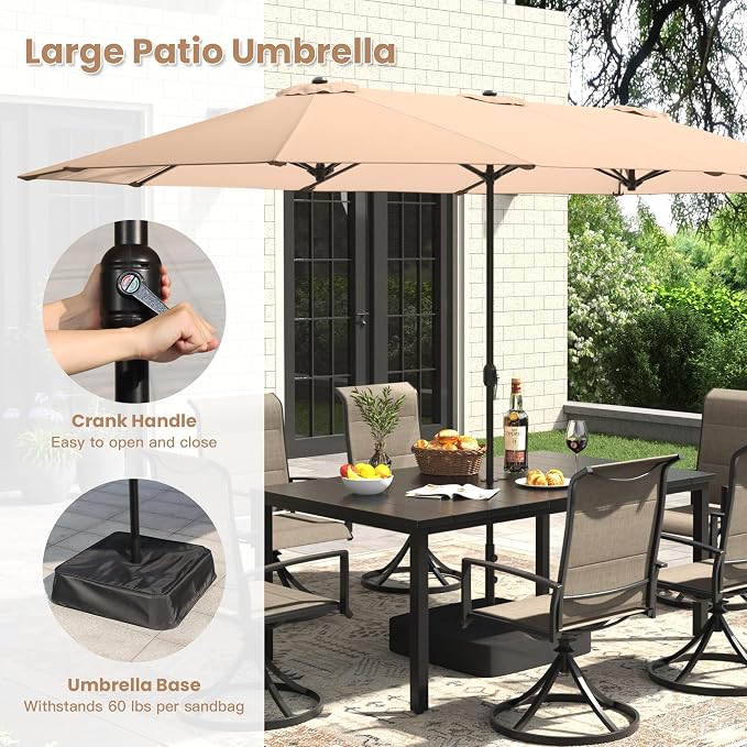 7 Pieces Patio Dining Set with Patio Umbrella, Outdoor Furniture of 63" Rectangular Patio Table and Patio Swivel Chairs for Backyard Lawn Garden, Black Table and Dark Blue Chairs