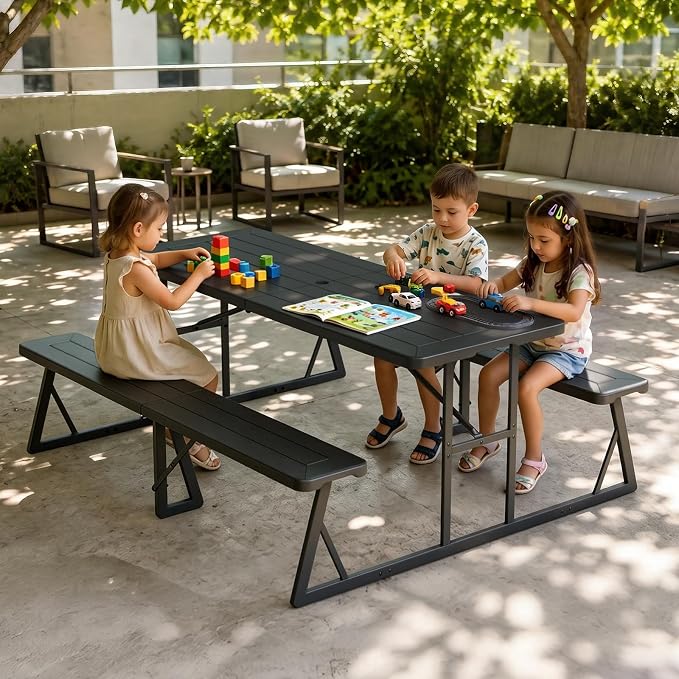 VINGLI Outdoor Picnic Table with Umbrella Hole, 6FT All Weather Metal Frame HDPE Tabletop Plastic Picnic Table for Dining Party Garden(Black)