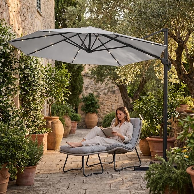 Kingdura 9ft Cantilever Patio Umbrella with Base Included & Solar Lights, Large Round Metal Outdoor Offset Umbrella with 360-degree Rotation, 4 Position Tilt, UV Protection for Pool Deck Patio (Light grey)