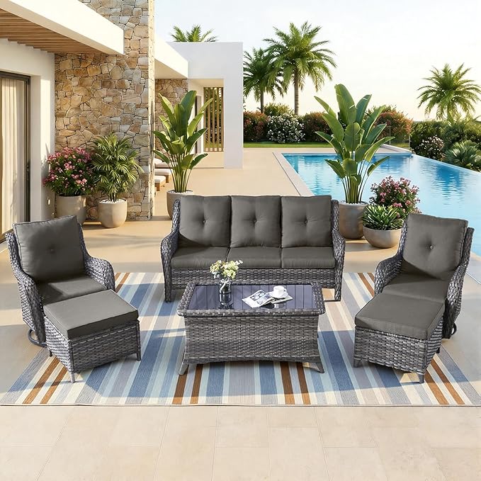 6 Piece High Back Patio Furniture Set - All Weather Patio Conversation Set with 4 Inch Thick Cushions and Deep Seating Swivel Glider Chairs & Outdoor Couch for Porch Deck Yard Pool