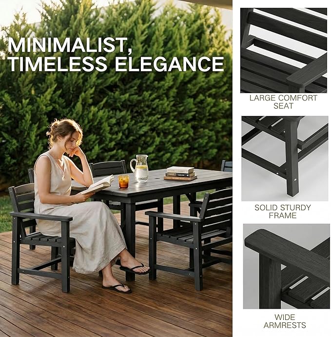 Kingdura 7 Piece Patio Dining Set for 6, HDPE Outdoor Dining Table Set with 2" Umbrella Hole, All Weather Outdoor Furniture, Table and Chairs Set for Backyard Pool Garden Porch, Black