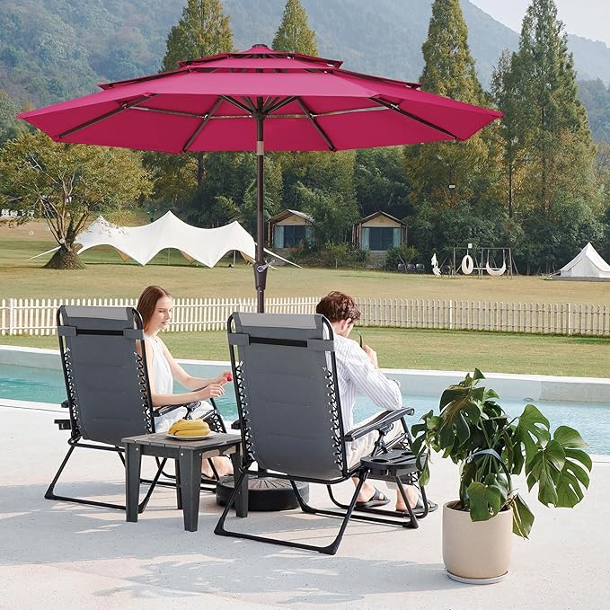 JEAREY 9FT 3 Tier Patio Umbrella Outdoor Market Umbrella Table Umbrellas with 8 Ribs 1.5 Pole Push Button Tilt and Crank UV Protection for Garden,Backyard,Pink