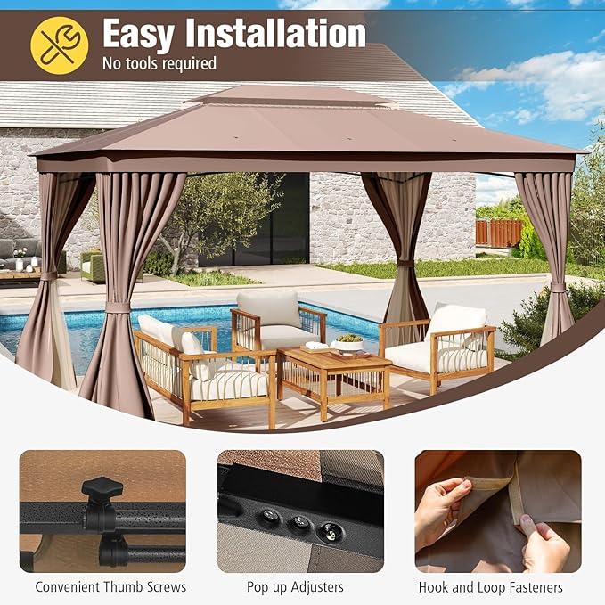 LAUSAINT HOME Patio Gazebo 10'x13', Outdoor Heavy Duty Party Tent Shelter with Double Roofs, Mosquito Nettings and Privacy Screens for Backyard, Garden, Lawn, Khaki