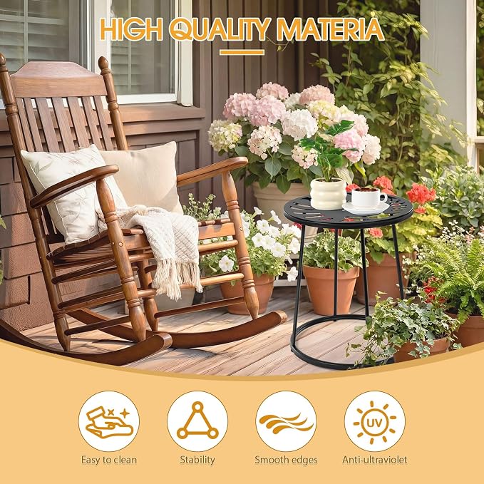 Vercraft Small Outdoor Side Table, 14" Patio Side Tables with Flower Cut Outs Weather Resistant Metal Outdoor End Table for Patio Outside Porch Balconies Garden(Black,Monstera Leaf)