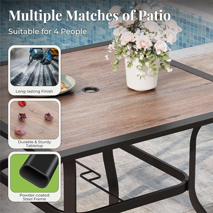 MIXPATIO 5 Pieces Patio Table and Chairs Set, 4 Person Outdoor Dining Furniture Set, 4 Blue Textilene Chairs and 37" Wood-Like Table Top Table with Umbrella Hole, for Deck Backyard Lawn