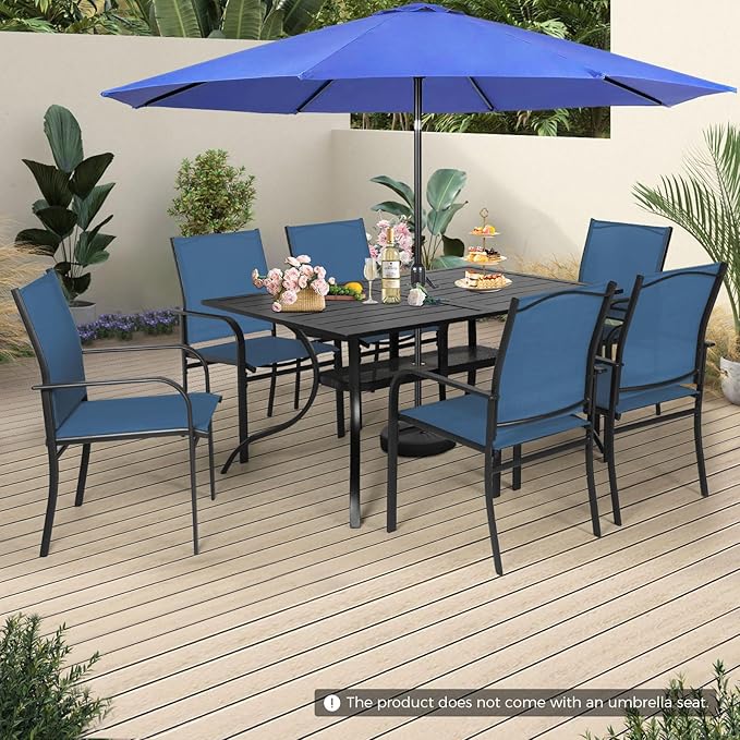 Incbruce 8-Piece Patio Furniture Set with Dark Blue Umbrella, Patio Table and Chairs Set of 6 Textilene Chairs and Rectangle Table with Umbrella Hole for Garden, Deck and Backyard (Blue)