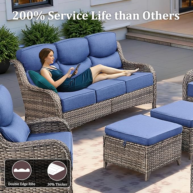 Luxury High Back Patio Furniture Set with 6-Inch Thick Cushions, 8-Pieces Outdoor Furniture with Swivel Chairs, Wicker Conversation Set for Porch, Balcony, Deck and Yard, Grey/Blue